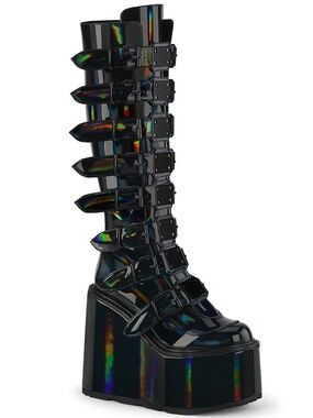 SWING 518 DEMONIA Platform Knee-High Buckle Boots in Black Holographic